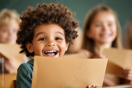 A student receiving a significantly improved grade on their test, with a joyful expression and their teacher smiling beside them photo