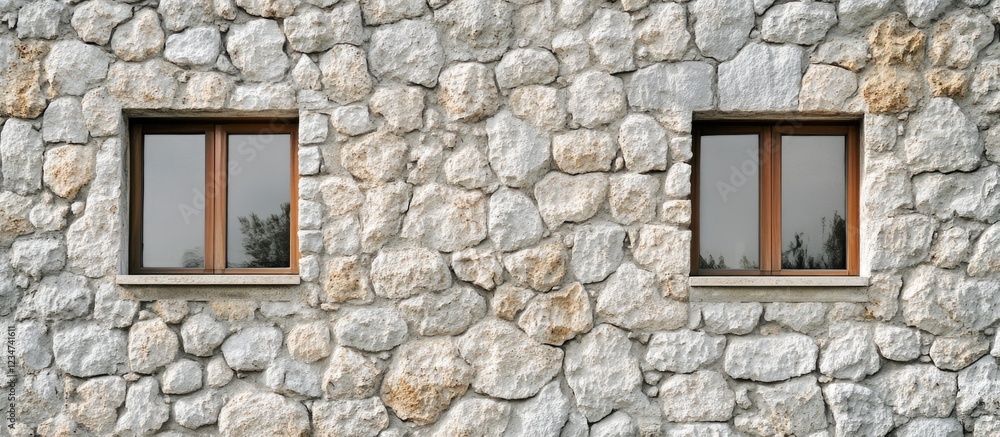 Stone wall with two wooden framed windows in a rustic design featuring copy space for text placement. Stone wall with two wooden framed windows in a rustic design featuring copy space for text placement.