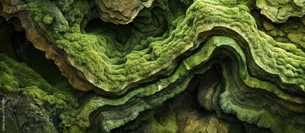 Obraz premium Abstract textured background of layered green moss and algae on natural rock surface with Copy Space
