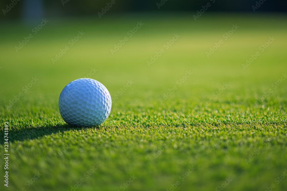 White golf ball on vibrant green golf course with a blurred natural background White golf ball on vibrant green golf course with a blurred natural background