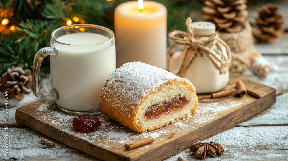Jam roll, A person enjoys a slice of jam roll with a cup, capturing a cozy culinary moment in high fidelity. Jam roll, A person enjoys a slice of jam roll with a cup, capturing a cozy culinary moment in high fidelity.