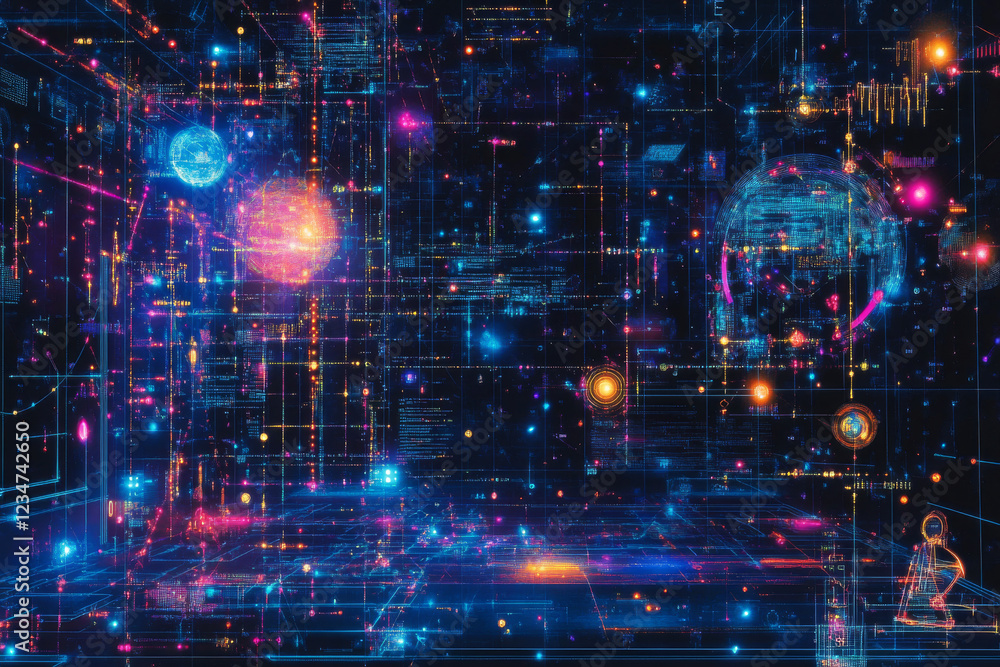 Abstract digital background with interconnected glowing nodes, circuits, and holographic elements Abstract digital background with interconnected glowing nodes, circuits, and holographic elements