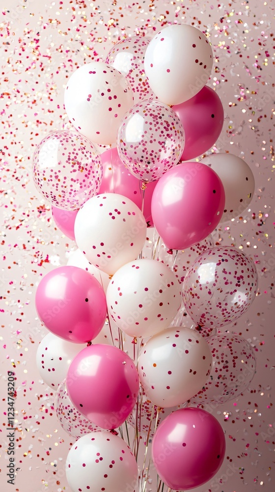 Greeting poster with pink balloons and confetti Greeting poster with pink balloons and confetti