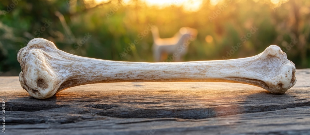 Naklejka premium Bone placed on a wooden surface with blurred background of a dog and sunset lighting Copy Space