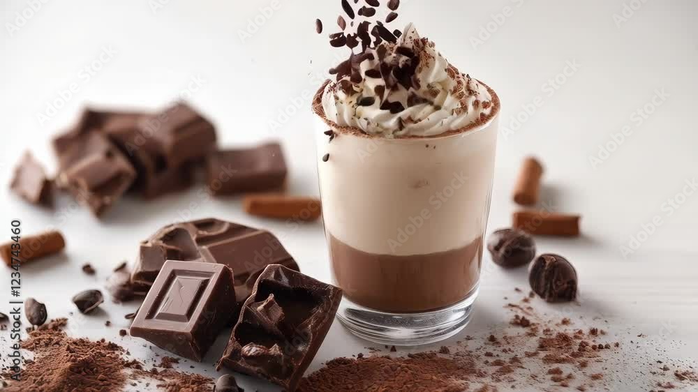 Decadent chocolate mousse with whipped cream and sprinkles in motion Decadent chocolate mousse with whipped cream and sprinkles in motion