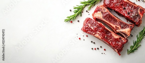 Raw beef ribs with herbs and spices arranged on a white background with Copy Space for text placement photo