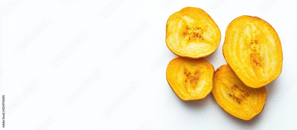 Slices of yellow ripe fruit arranged on a white background with copy space for text. Slices of yellow ripe fruit arranged on a white background with copy space for text.