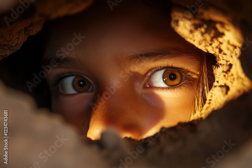 A team of explorers tentatively opening the door to an ancient tomb, peering into the darkness beyond with flashlights photo