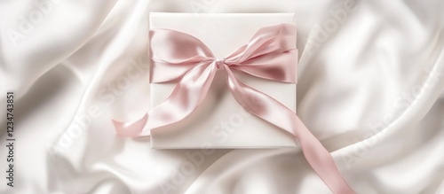 Wallpaper Mural White gift box with pink satin ribbon on silky fabric background Copy Space Torontodigital.ca