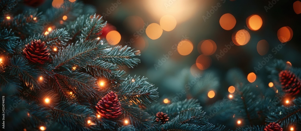 Christmas tree branches with pine cones and warm glowing bokeh lights in the background Copy Space Christmas tree branches with pine cones and warm glowing bokeh lights in the background Copy Space