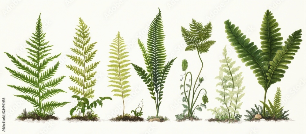 Collection of various fern species arranged in a horizontal line on a light background with Copy Space for text placement Collection of various fern species arranged in a horizontal line on a light background with Copy Space for text placement