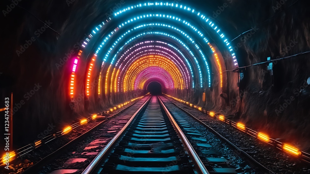 Illuminated train track in a tunnel with a glowing arch of colorful neon lights Illuminated train track in a tunnel with a glowing arch of colorful neon lights
