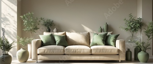 Serene Living Room Decor Featuring a Beige Sofa and Green Accents. photo