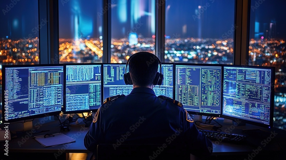 A security guard in uniform is sitting at multiple computer screens, observing the data on the screens with focused attention and wearing headphones A security guard in uniform is sitting at multiple computer screens, observing the data on the screens with focused attention and wearing headphones