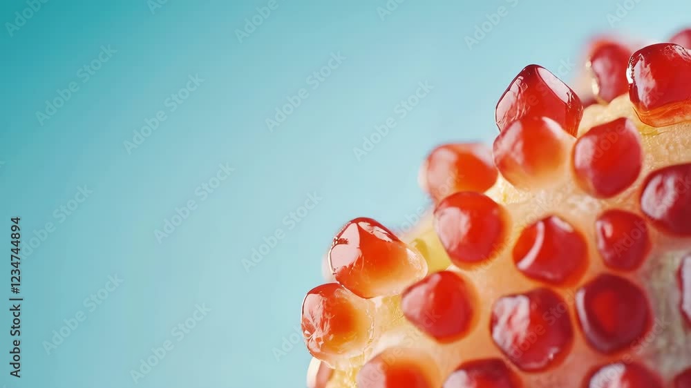 Closeup of vibrant red pomegranate seeds against a blue background Closeup of vibrant red pomegranate seeds against a blue background