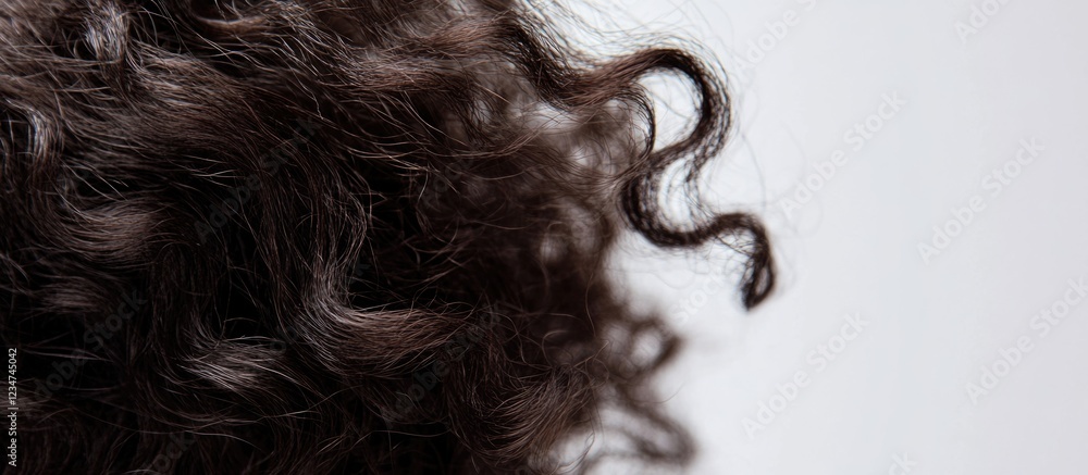 Close-up of curly dark hair texture with a prominent curl isolated on light background Copy Space Close-up of curly dark hair texture with a prominent curl isolated on light background Copy Space