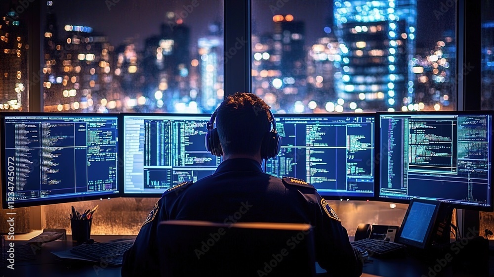 A security guard in uniform is sitting at multiple computer screens, observing the data on the screens with focused attention and wearing headphones A security guard in uniform is sitting at multiple computer screens, observing the data on the screens with focused attention and wearing headphones