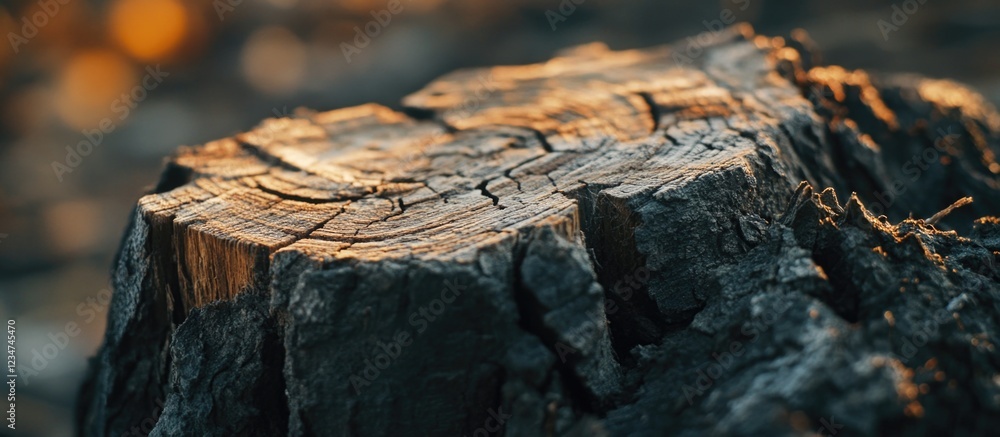 Close-up view of a textured tree stump with detailed wood grain and cracks, warm lighting, and natural background with Copy Space. Close-up view of a textured tree stump with detailed wood grain and cracks, warm lighting, and natural background with Copy Space.