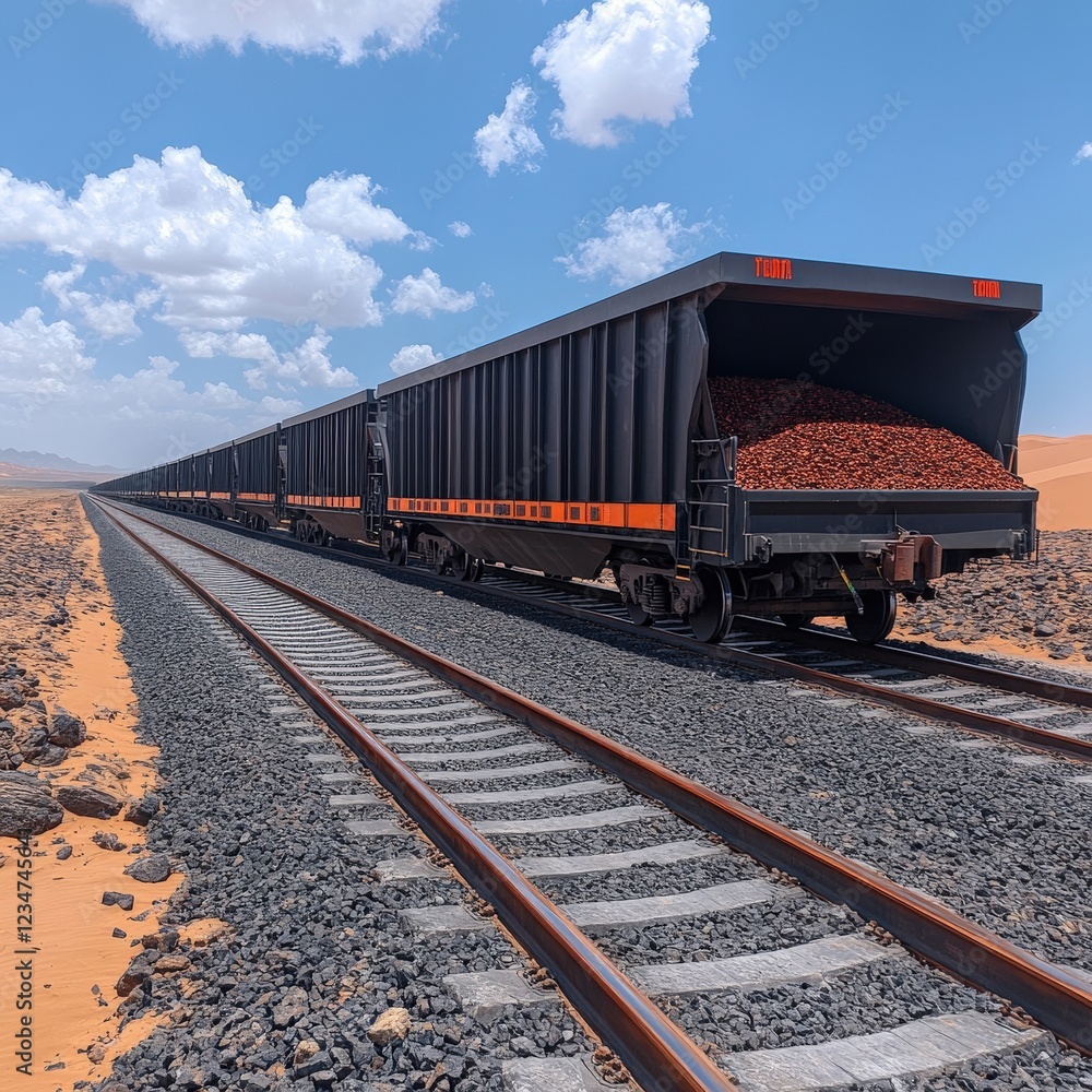 Fototapeta premium Long Freight Train with Open Cargo in Desert Landscape under Blue Sky with White Clouds, Transporting Red Ore on Railway Tracks through Arid, Rocky Desert
