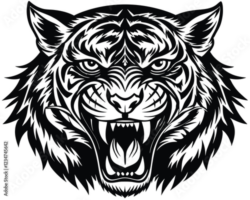 Tiger Silhouette Vector Art in Black and White, Wild Tiger Illustration Vector Design for Printing and Craft Projects 
