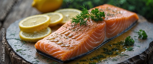 Close up of fresh salmon fillet on wooden board with lemon slices and herbs for garnish photo