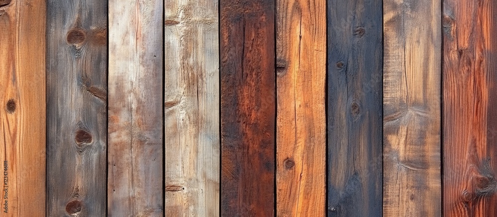 Colorful wooden planks arranged in a pattern with varying textures and shades Copy Space Colorful wooden planks arranged in a pattern with varying textures and shades Copy Space