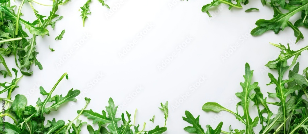 Fresh arugula leaves framing a blank white background with ample copy space for text or design elements. Fresh arugula leaves framing a blank white background with ample copy space for text or design elements.