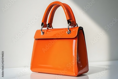 Chic orange mini bag with a glossy finish and stylish handle, placed on a pristine white surface.