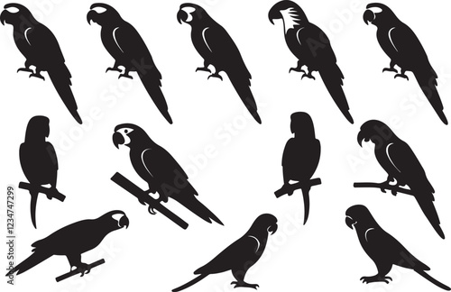 A variant style of parrot silhouette vector, flying and sitting bird silhouette, flat birds icon illustration design, isolated on a white background.