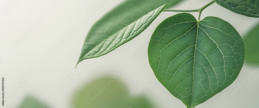 Naklejka premium Green Leaf Close Up with Veins Visible and Blurred Background.