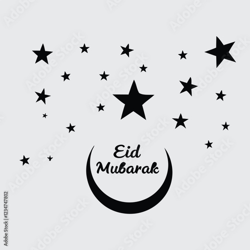 A silhouette of a grand mosque with a crescent moon and stars in the background, with "Eid Mubarak" text  silhouette  image vector art and illustration