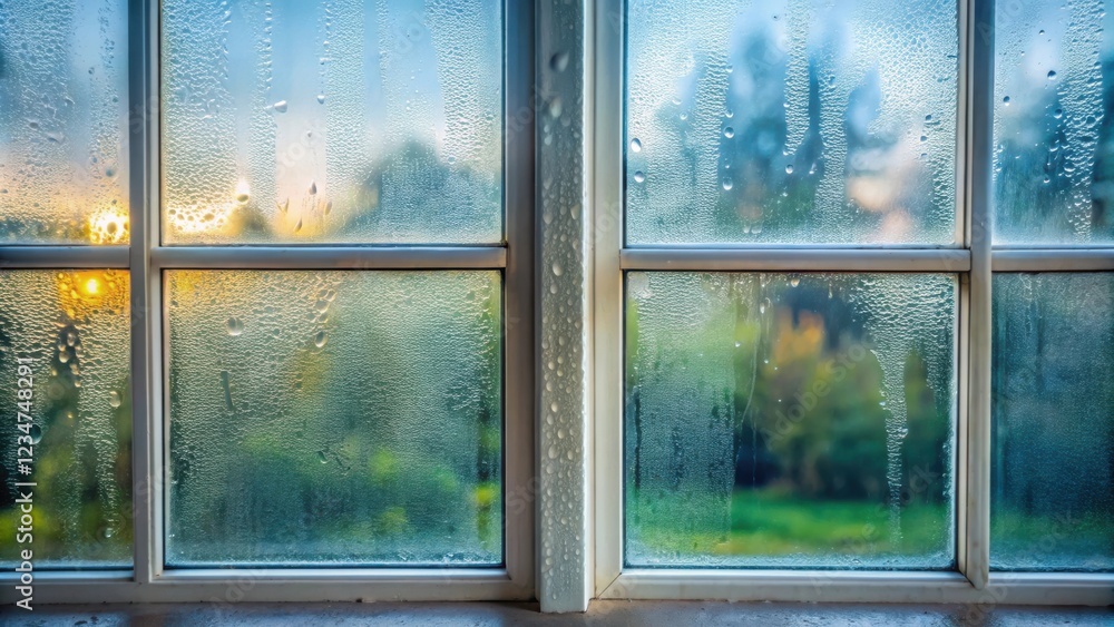 Fototapeta premium A close-up of a window pane covered in condensation, with a blurry view of a green lawn and trees outside, and the faint outline of a setting sun in the distance.