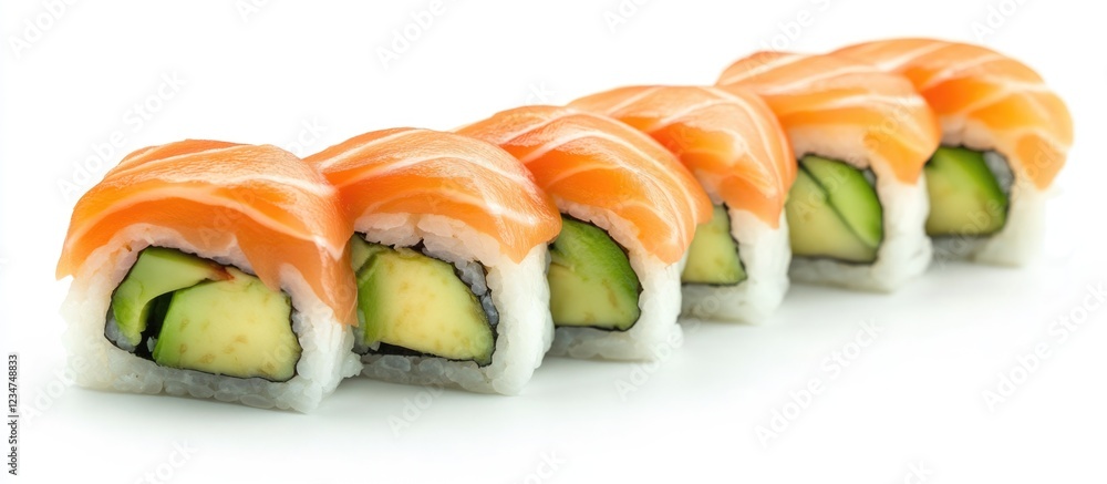 Sushi rolls with salmon and avocado arranged in a row on a white background with copy space Sushi rolls with salmon and avocado arranged in a row on a white background with copy space