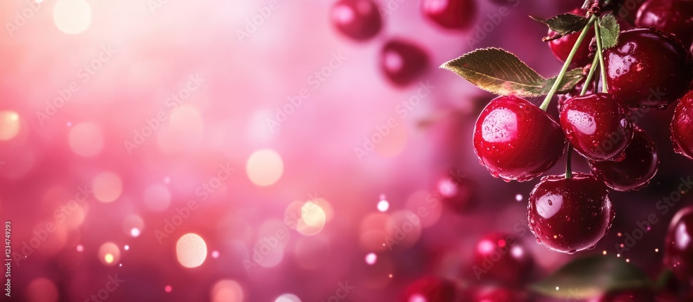 Fresh cherries on a branch with blurred pink background and bokeh lights featuring Copy Space for text insertion Fresh cherries on a branch with blurred pink background and bokeh lights featuring Copy Space for text insertion