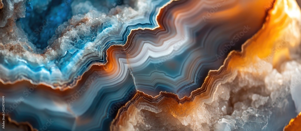 Colorful abstract geological pattern of agate stone with natural striations in blue, orange, and white tones, ideal for texture backgrounds, Copy Space Colorful abstract geological pattern of agate stone with natural striations in blue, orange, and white tones, ideal for texture backgrounds, Copy Space