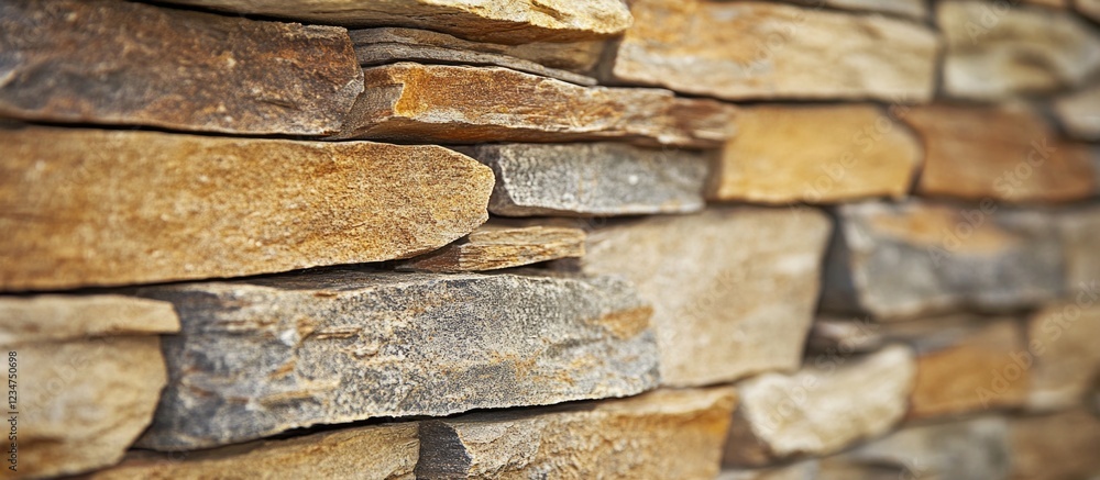 Natural stone wall texture with irregularly shaped pieces in warm hues and prominent grain details, ideal for background use, Copy Space. Natural stone wall texture with irregularly shaped pieces in warm hues and prominent grain details, ideal for background use, Copy Space.