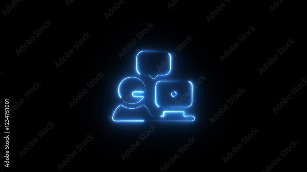 neon light man working on laptop symbol, Pictogram man sits at a table and working at laptop motion background. neon light man working on laptop symbol, Pictogram man sits at a table and working at laptop motion background.