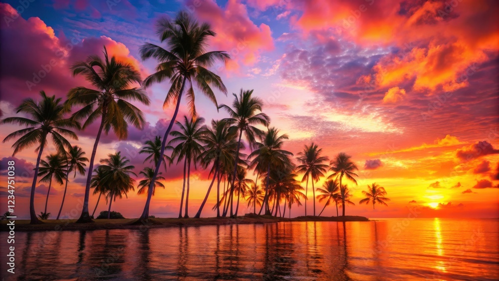 Silhouettes of palm trees stand tall against a backdrop of fiery orange and purple sunset hues, reflecting in the calm waters of the ocean. Silhouettes of palm trees stand tall against a backdrop of fiery orange and purple sunset hues, reflecting in the calm waters of the ocean.