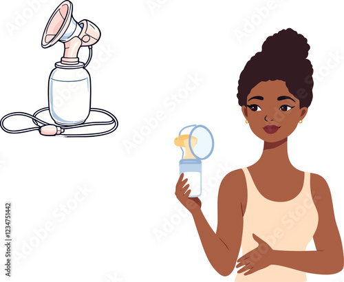 Woman holding breast pump, expressing milk for newborn baby
