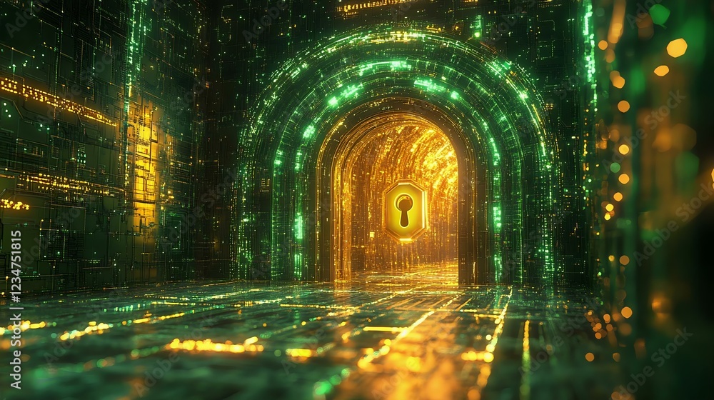Fototapeta premium A futuristic digital corridor featuring glowing green and golden lights with a prominent keyhole symbol, symbolizing cybersecurity and data protection.