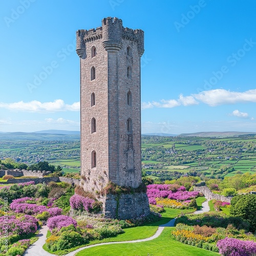 Scenic Blarney Castle Tower Ireland Surrounded by Vibrant Gardens and Green Fields Under Clear Blue Skies Perfect for Travel Exploration Adventure Photography