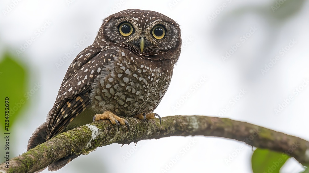 Charming Owl Perched on Branch Surrounded by Lush Greenery Charming Owl Perched on Branch Surrounded by Lush Greenery