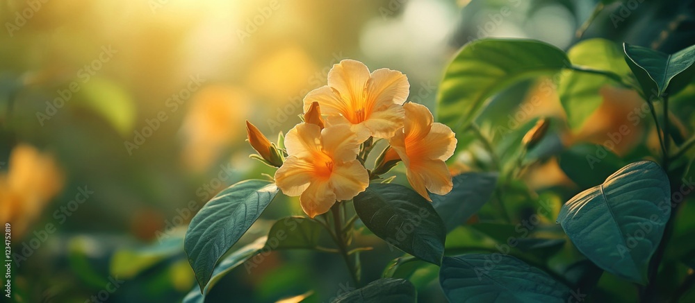 Orange flowers with green leaves in a garden setting during golden hour light Copy Space