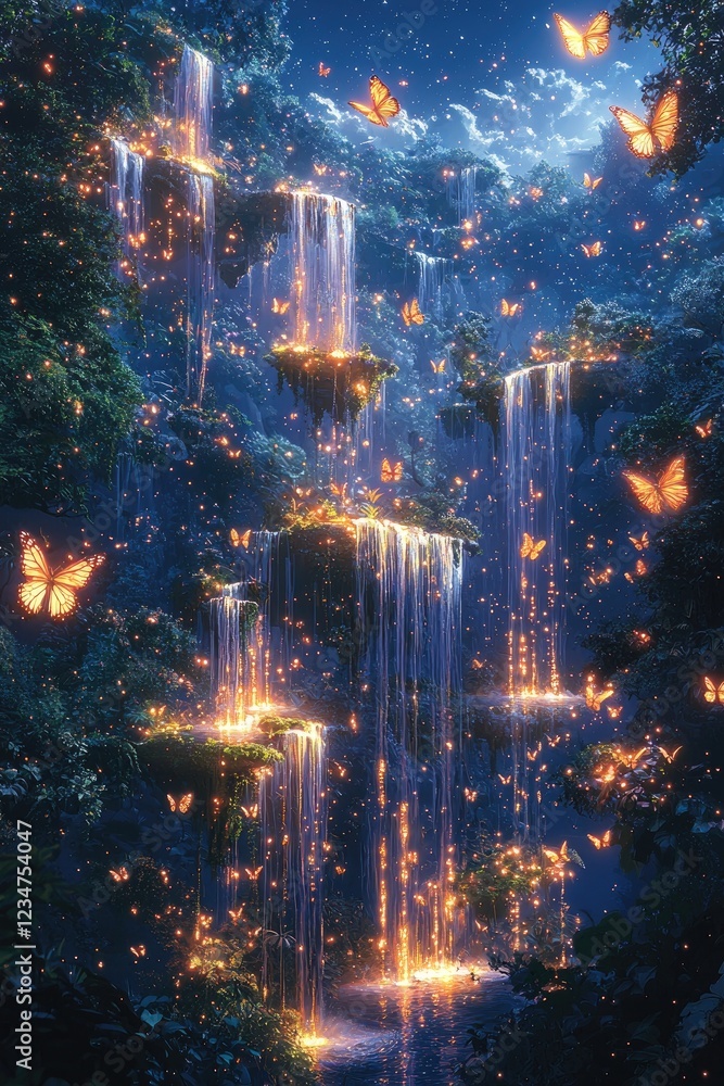 Fototapeta premium Enchanted Waterfall Cascading With Butterflies And Lights