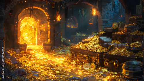 2D Fantasy Dungeon with Hidden Treasures and Gold Coins for Game Development