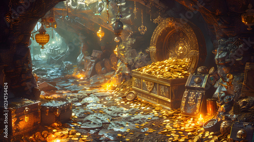 2D Fantasy Dungeon with Hidden Treasures and Gold Coins for Game Development