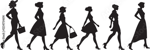 Female fashion show style silhouette vector illustration design, woman looking her beauty, isolated on a white background.