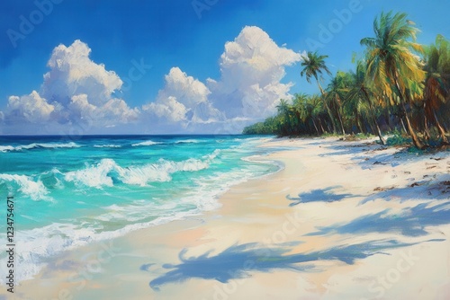 Wallpaper Mural Idyllic tropical beach paradise with soft white sands, gentle turquoise waves, swaying palm trees, and a brilliant blue sky bathed in golden sunlight for vacation enthusiasts Torontodigital.ca