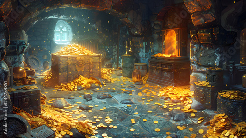 2D Fantasy Dungeon with Hidden Treasures and Gold Coins for Game Development