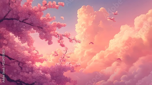 Serene Cherry Blossom Landscape with Soft Clouds and Gentle Birds